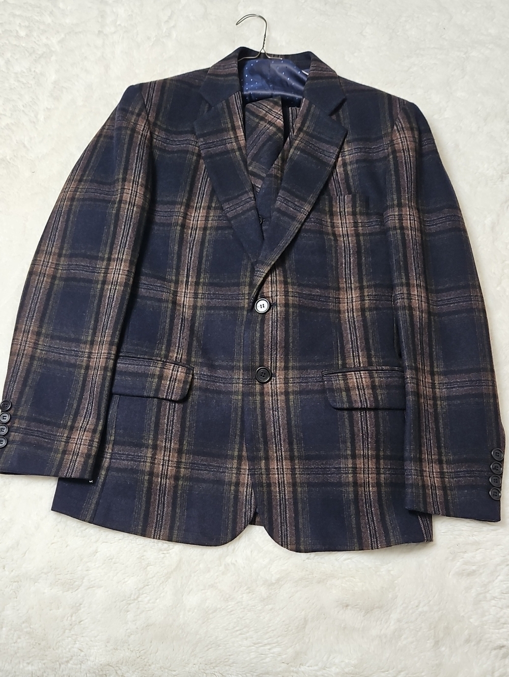 Men's Wool 3 Piece Navy Plaid Suit